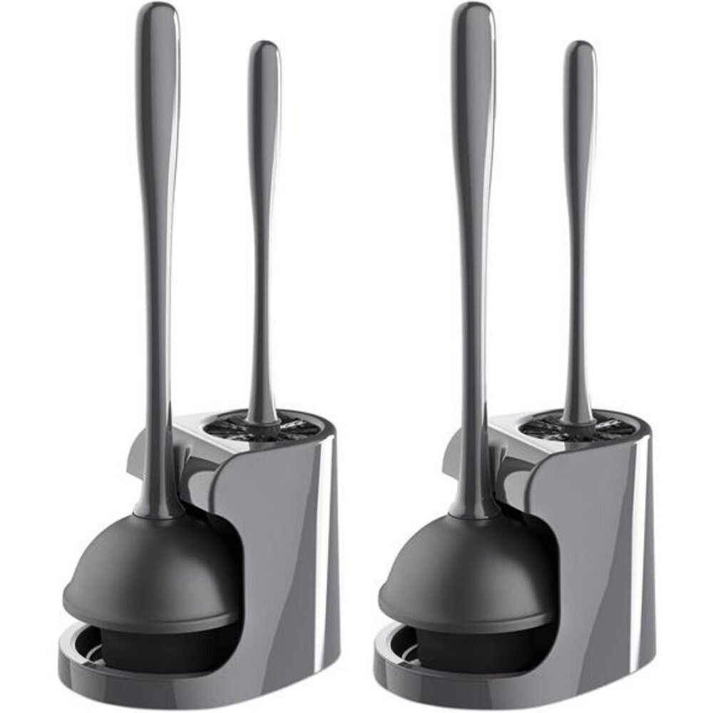 Toilet Plunger and Brush Set Bathroom Cleaning Tool with Holder Gray 2 Pack